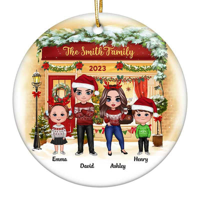 Family Standing On Front Porch Christmas Personalized Circle Ornament