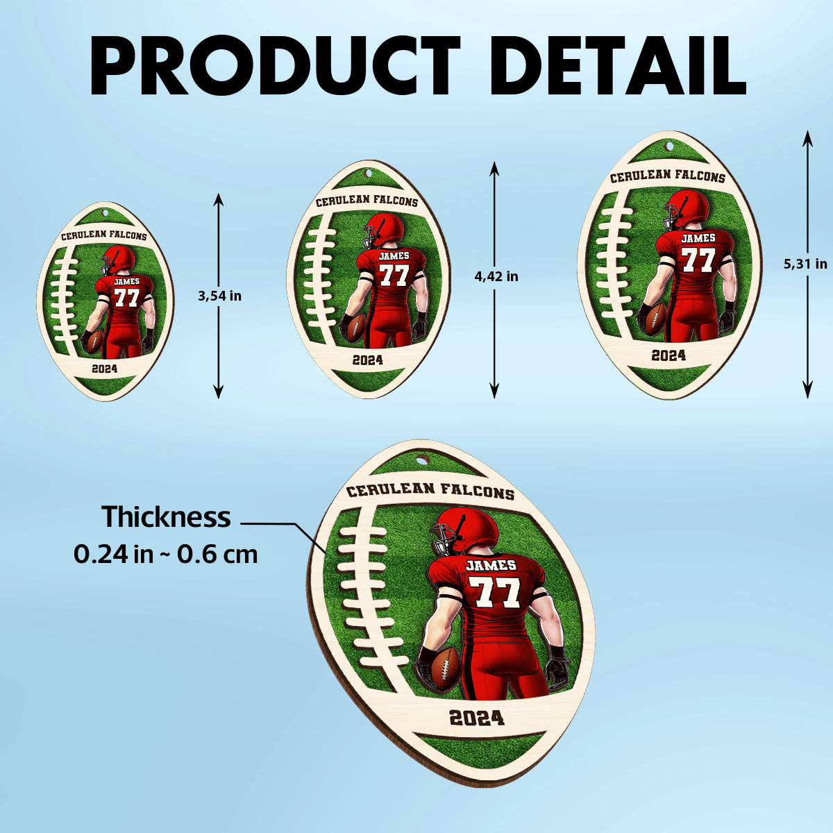 Personalized 3D Football Ornament, 2 Layered Wooden Sports Ornament with Name and Custom Text