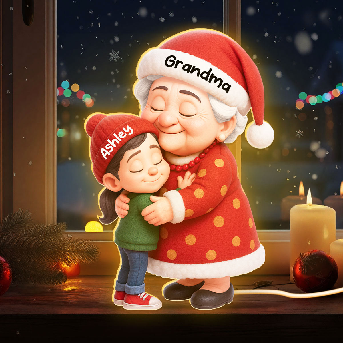 Cute Cartoon Grandma Hugging Grandkid - Personalized Light Box - Christmas Decor, Christmas Gift for Grandma
