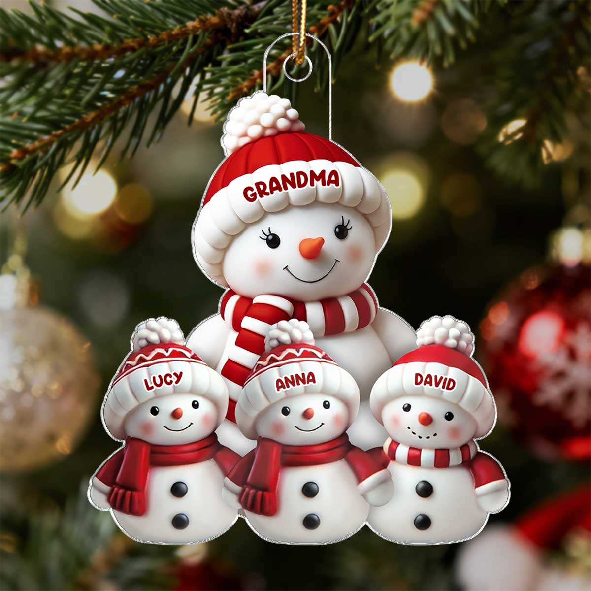 3D Effect Cute Snowman Grandma & Grandkids - Personalized Acrylic Ornament - Christmas Decor For Family, Grandma