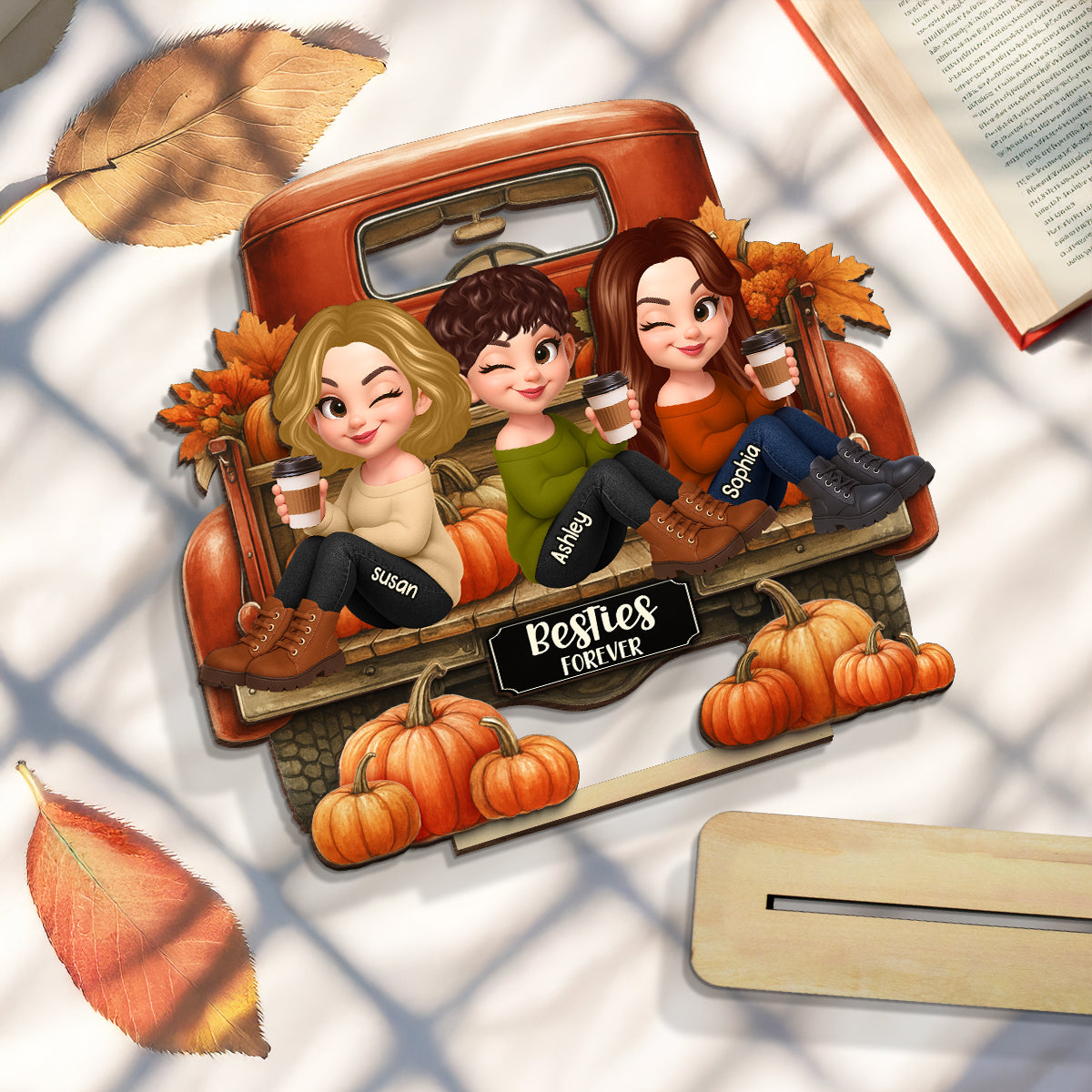 Besties Sitting on Fall Truck Personalized Standing Wooden Plaque, Cozy Fall Decor, Fall Gift for Best Friends