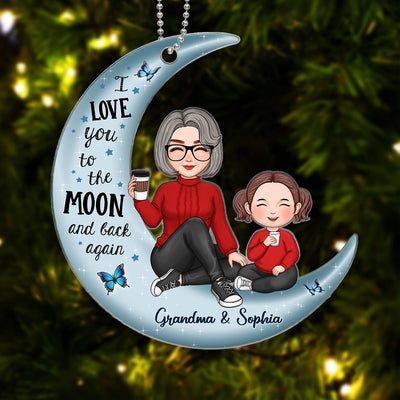 Cute Grandma & Grandkid On Moon Personalized Acrylic Ornament, Birthday Gift, Anniversary Gift [Grandma's nickname can be changed]