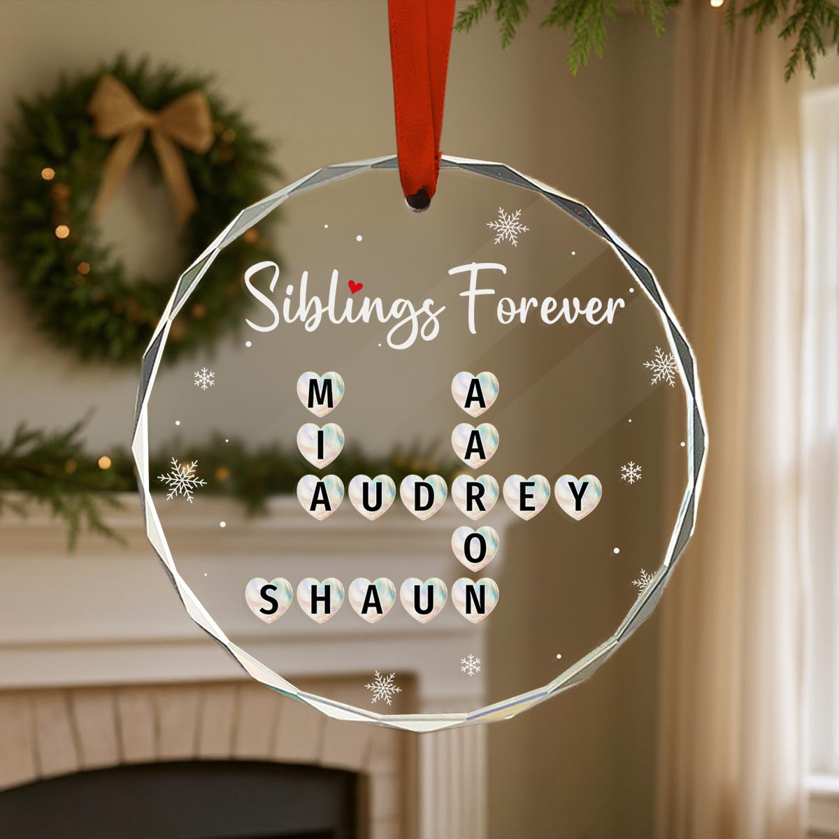 Siblings Forever Unique Gift For Brothers Sister Heart Crossword Puzzle Art Personalized Glass Ornament, Christmas Keepsake