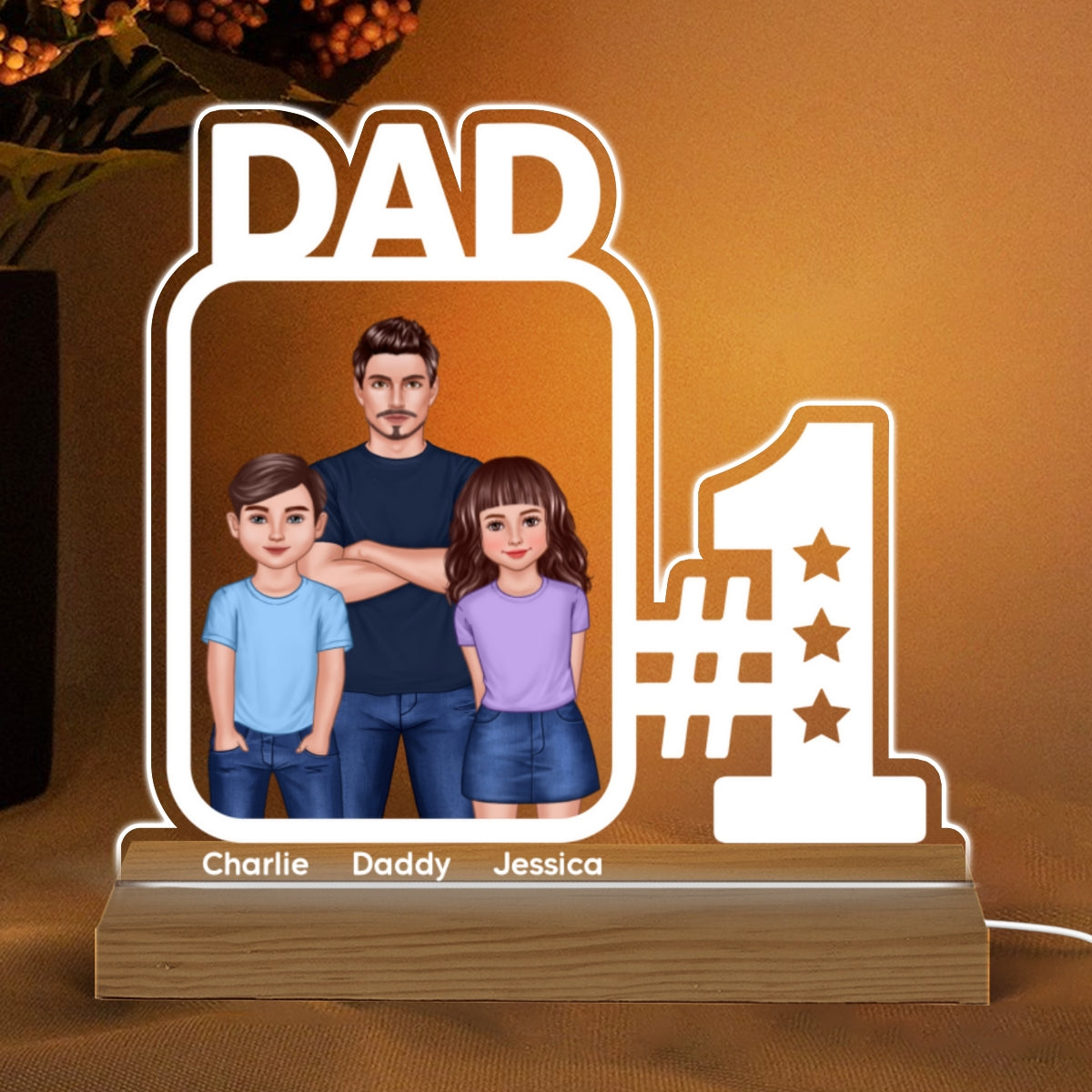 No 1 Dad And Kids Standing Personalized Custom Shape Warm LED Night Light
