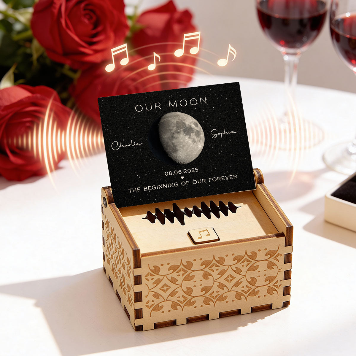 Our Moon Custom Moon Phase & Favorite Song - Personalized Wooden Music Box - Valentine's Day Gift For Him, Gift For Her