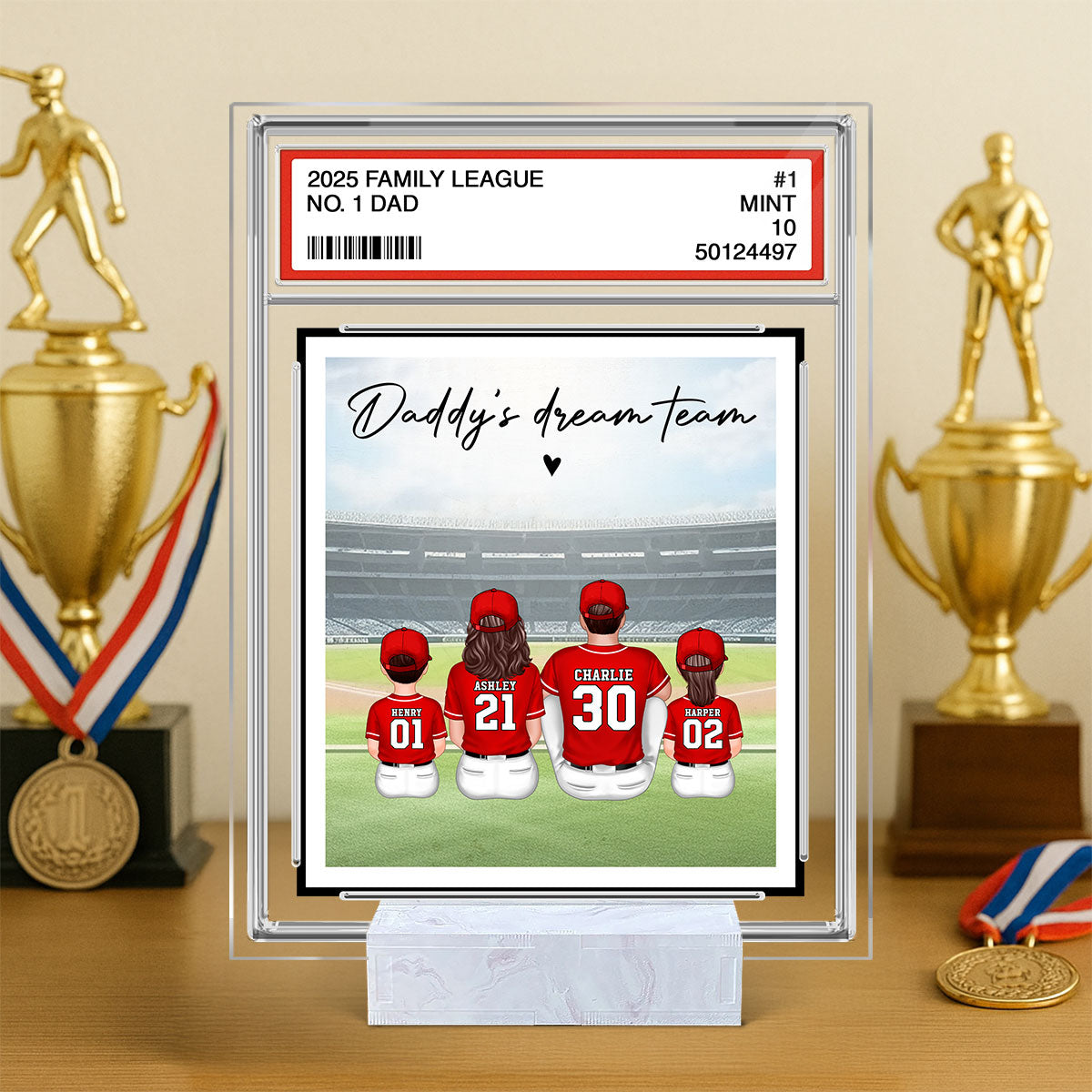 Baseball No. 1 Dad Man & Kids Sitting Trading Card Style Personalized Acrylic Plaque