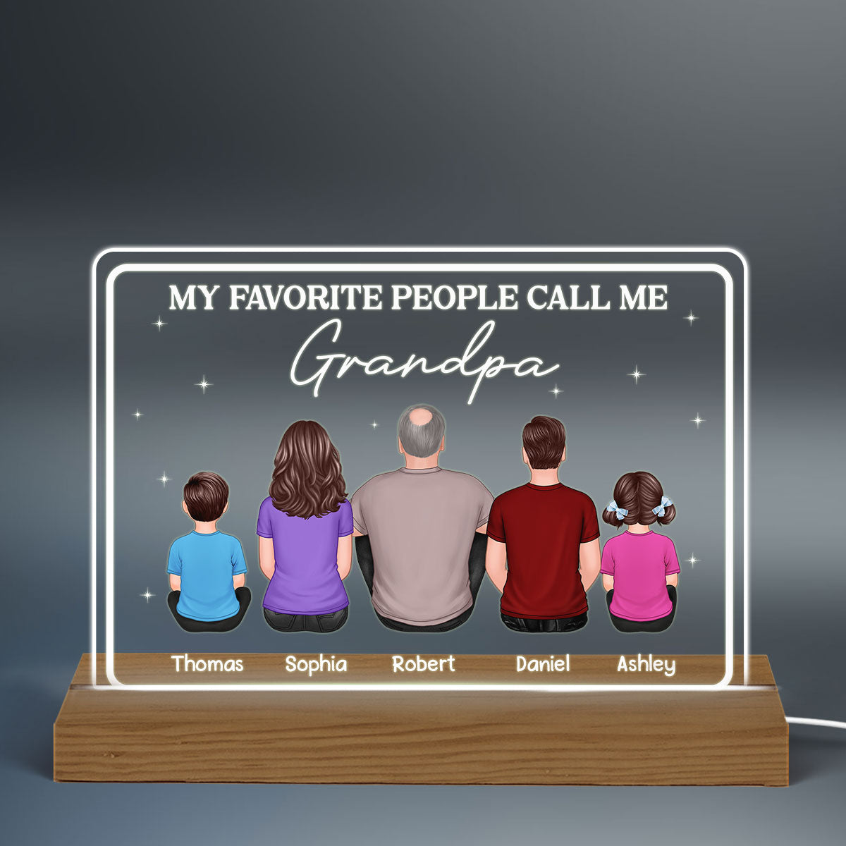 Favorite People Call Me Grandpa Dad Back View Man Sitting With Kids Personalized Custom Shape Acrylic Plaque Warm LED Night Light