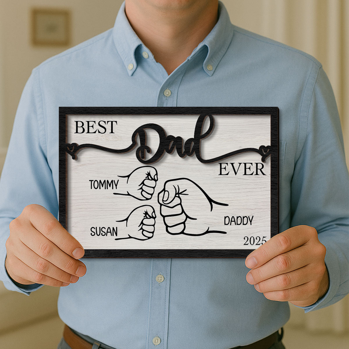 Personalized Father's Day Gift, Fist Bump Dad and Kids 2-Layer Wooden Plaque