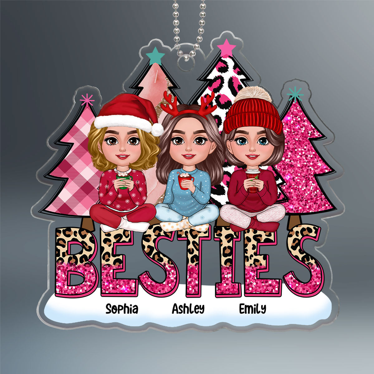 Pink Leopard Christmas Tree Doll Besties Sitting Personalized Acrylic Ornament
