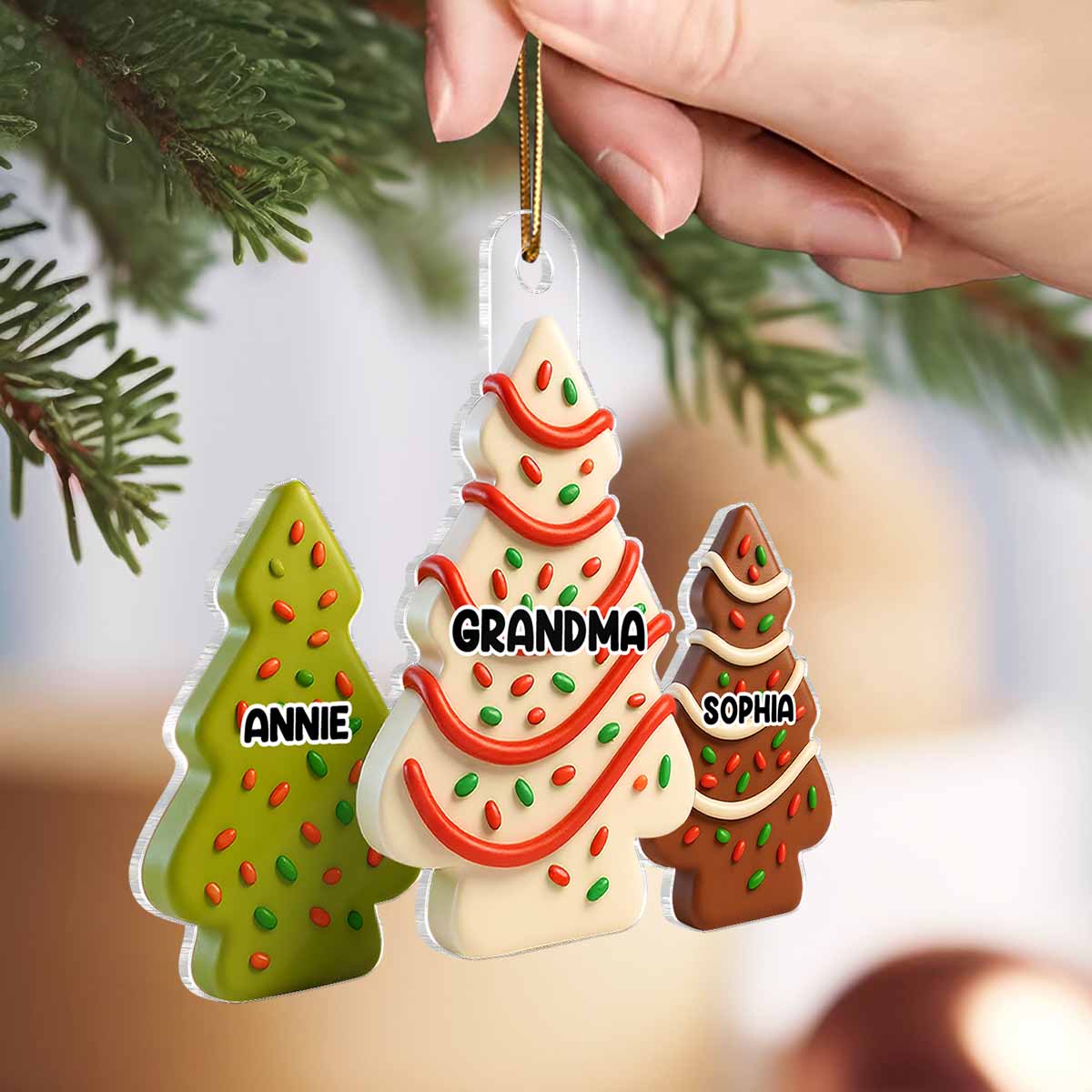 3D Effect Christmas Tree Cakes Grandma Grandkids - Personalized Acrylic Ornament