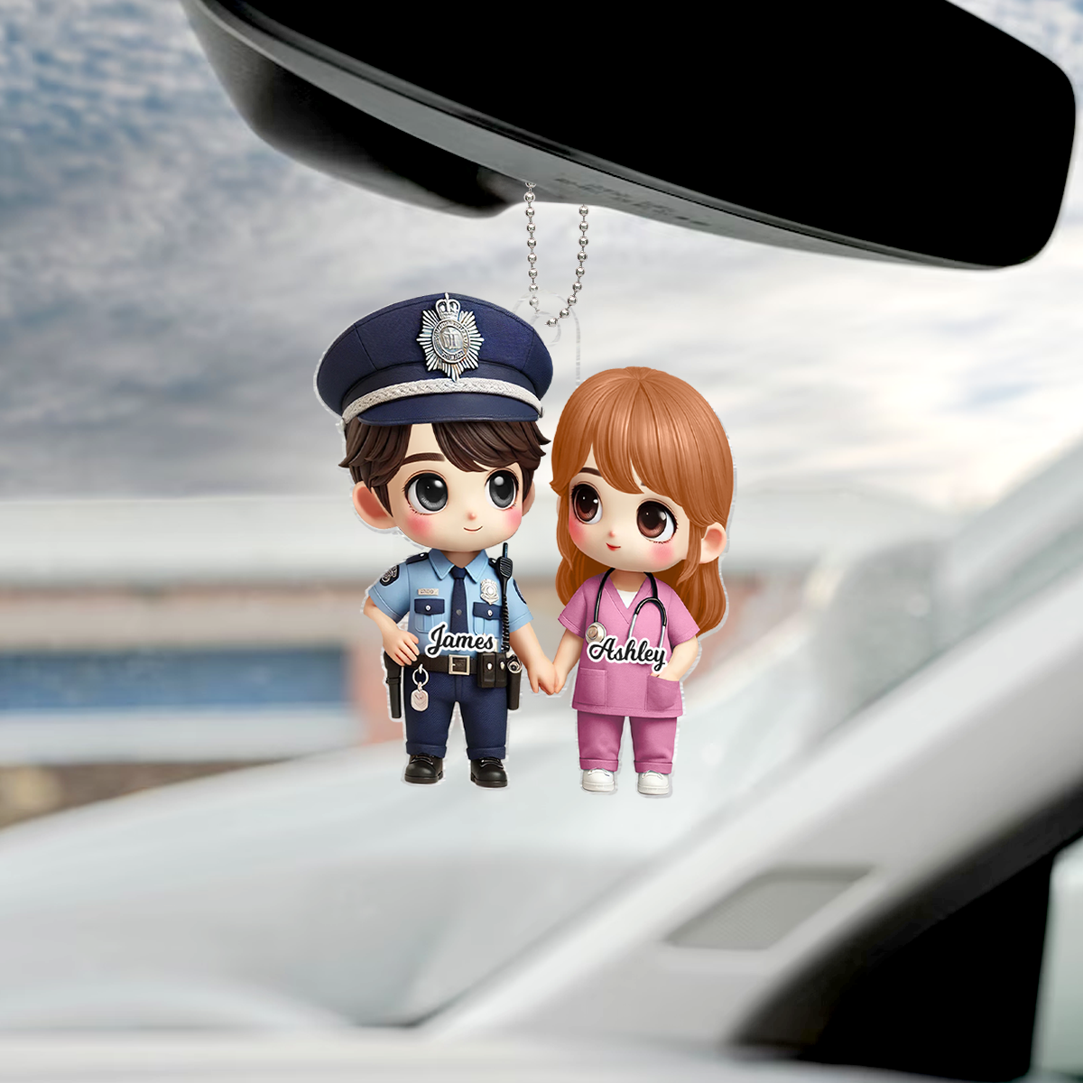 3D Effect Cute Cartoon Couple Gift by Occupation Gift For Her Gift For Him Personalized Acrylic Car Hanger, Anniversary Gift For Couple