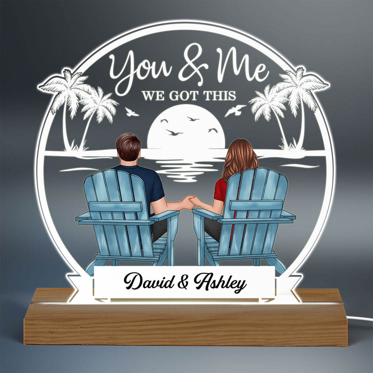 Beach Landscape Back View Couple Sitting Personalized Custom Shape Acrylic Plaque Warm LED Night Light