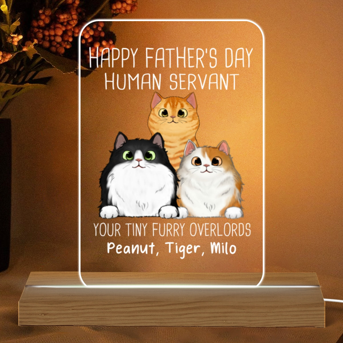 Happy Father‘s Day Human Servant Peeking Fluffy Cats Personalized Custom Shape Acrylic Plaque LED Night Light