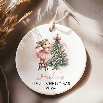 Baby's First Christmas Rabbit Personalized Circle Ceramic Ornament, Baby Girl Name Baby Shower Gift Keepsake