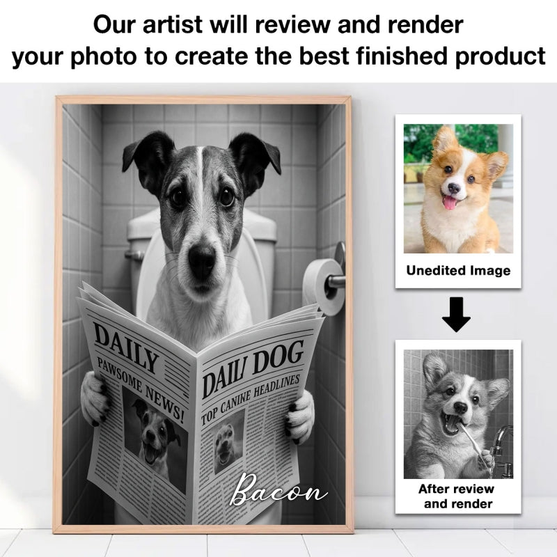 Custom Pet Portrait from Photo, Funny Bathroom Dog Reading Newspaper on Toilet, Dog Wall Art, Personalized Pet Gift