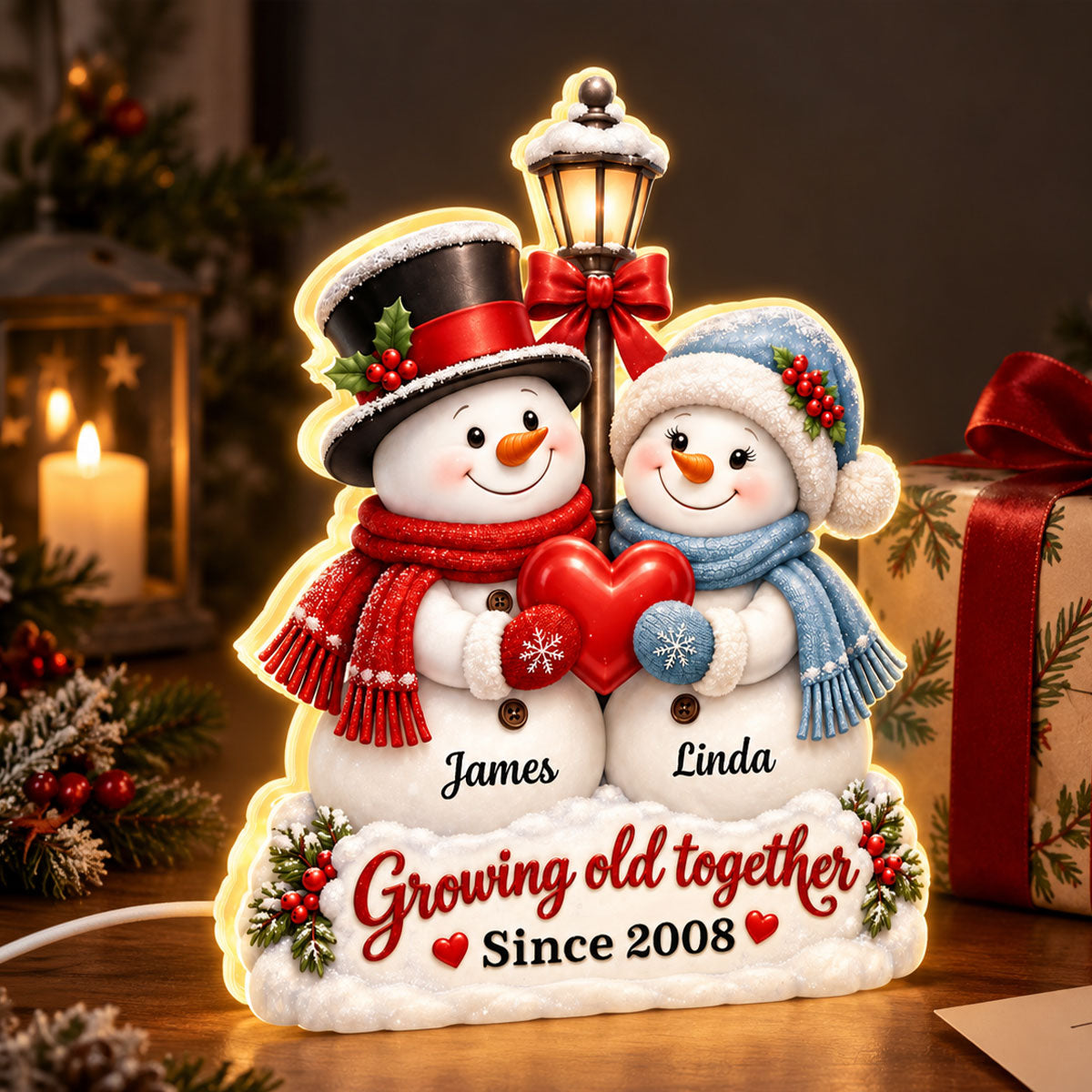 Snowman Couple Growing Old Together - Personalized Light Box - Heartfelt Christmas Gift for Her, for Him
