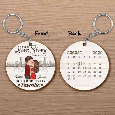 Doll Couple Kissing Skyline Calendar Anniversary Date Personalized Wooden Keychain