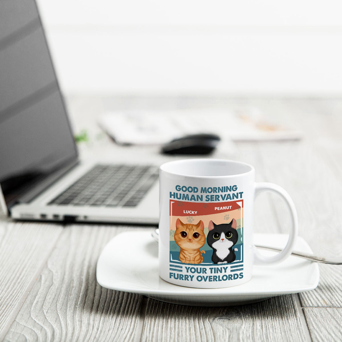 Good Morning Human Servant Retro Watercolor Cute Cats Personalized Mug