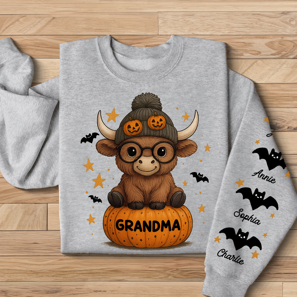Halloween Highland Cow Grandma Personalized Sleeve Printed Sweatshirt