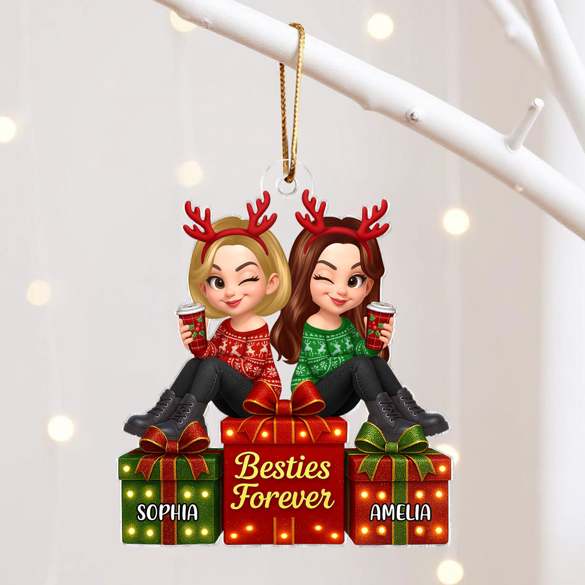 Besties Forever Beautiful Marquee Pattern Effect Gift Box Christmas - Personalized Acrylic Ornament