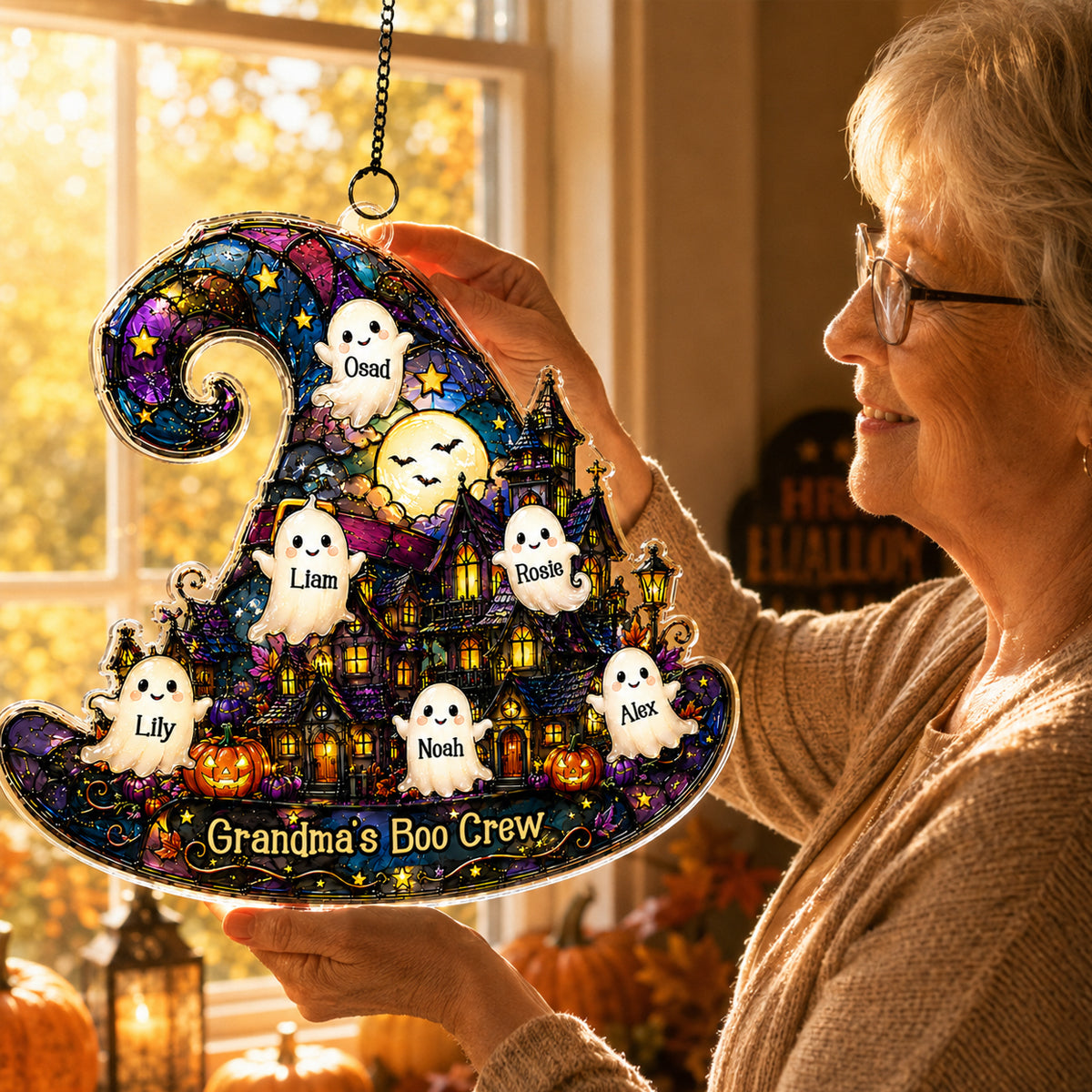 Halloween Village Witch Hat Grandma - Personalized Suncatcher - Halloween Decor Gift, Gift For Grandma