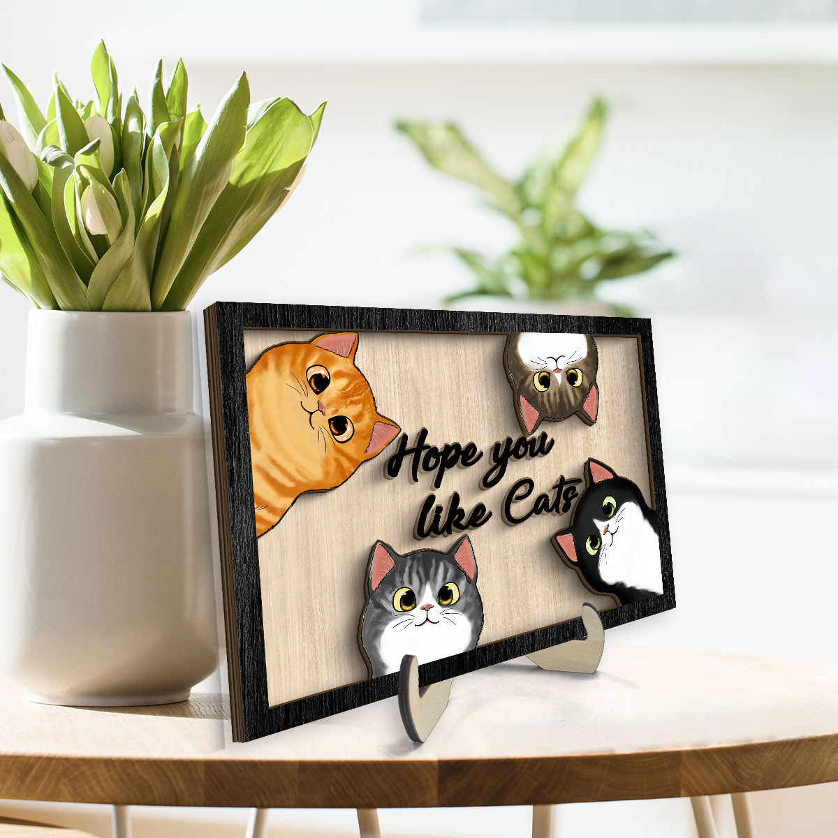Hope You Like Cats Peeking Fluffy Cats Personalized 2-Layer Wooden Plaque