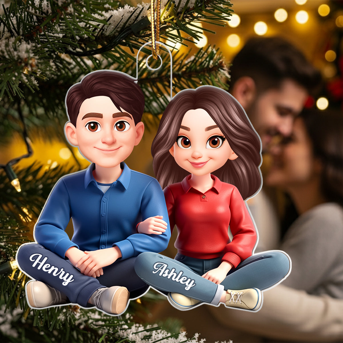 Loving Cartoon Couple Sitting Together - Personalized Acrylic Ornament - Christmas Gift for him, Gift for her