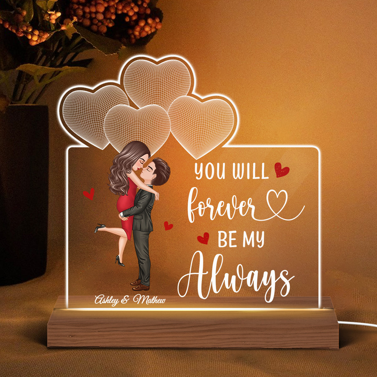 Kissing Couple Under 3D Heart Together Since Personalized Custom Shape Acrylic Plaque With LED Night Light - Anniversary Gift For Couple - Gift For Him Gift For Her