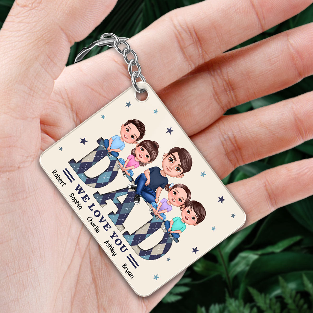 Doll Man Dad And Kids Argyle Pattern Personalized Acrylic Keychain