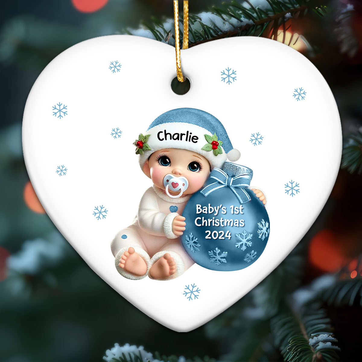 Baby Beside Christmas Bauble Baby's First Christmas Personalized Flat Heart Ceramic Ornament