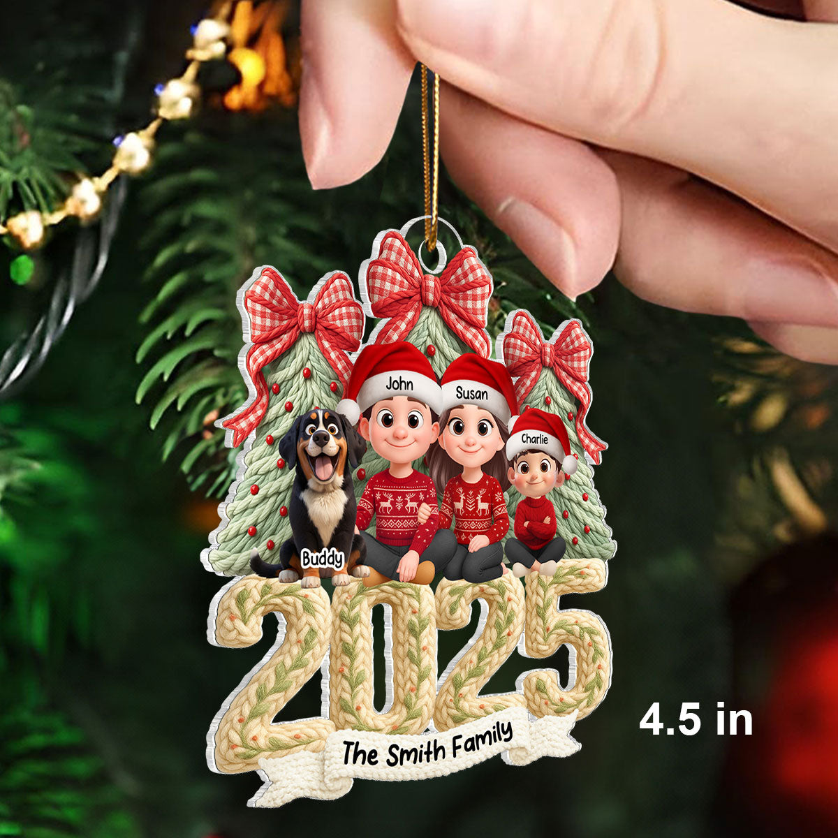 Family Sitting 2025 Latch Hook Yarn Faux - Personalized Acrylic Ornament - Christmas Gift for Family