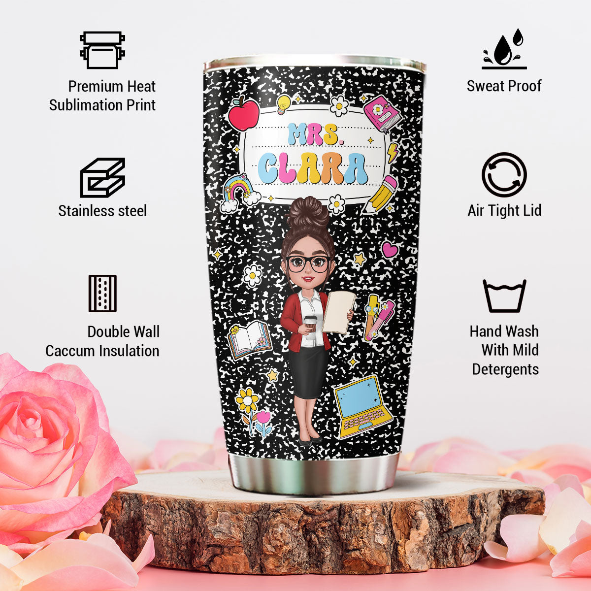 Teacher Composition Book Pattern Personalized Tumbler, Gift For Teacher