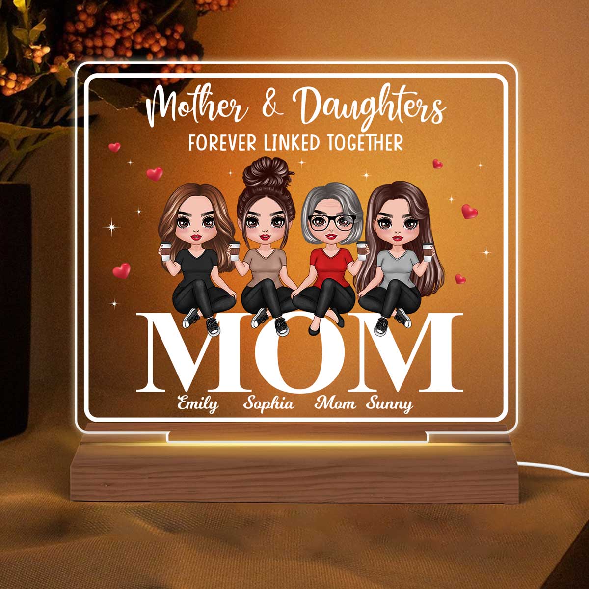 Doll Mom And Daughters Sitting On Words Personalized Custom Shape Acrylic Plaque LED Night Light