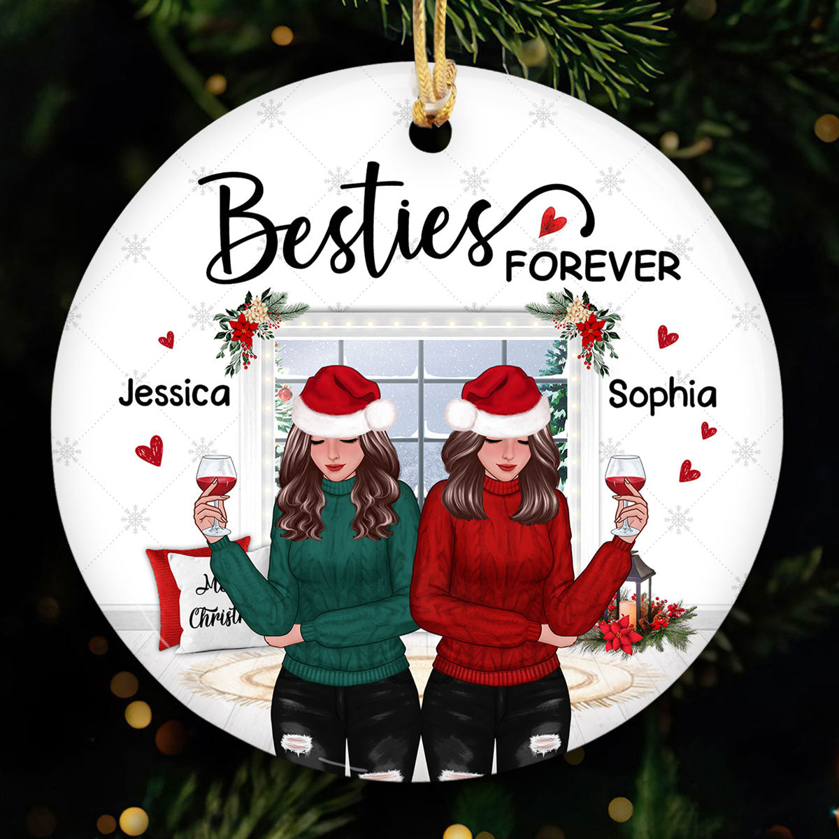 Winter Window Front View Christmas Besties Personalized Circle Ornament