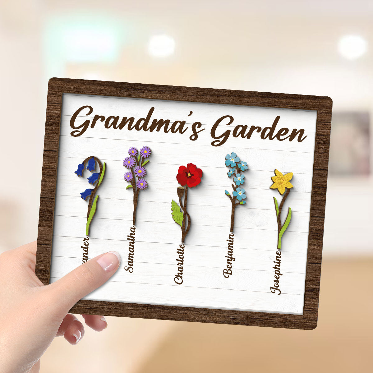 Grandma Mom Birth Month Flowers Simple Personalized 2-layer Wooden Plaque
