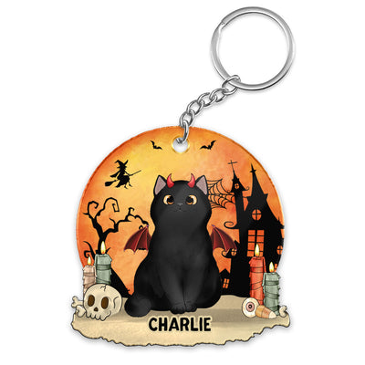 Orange Moon Halloween Fluffy Cat Sitting Personalized Acrylic Keychain
