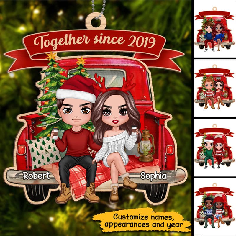 Doll Couple Truck Back View Personalized Wooden Ornament