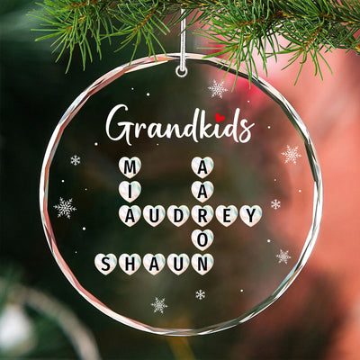 Grandkids Heart Crossword Art Puzzle Personalized Glass Ornament, Gift For Grandma Grandparents