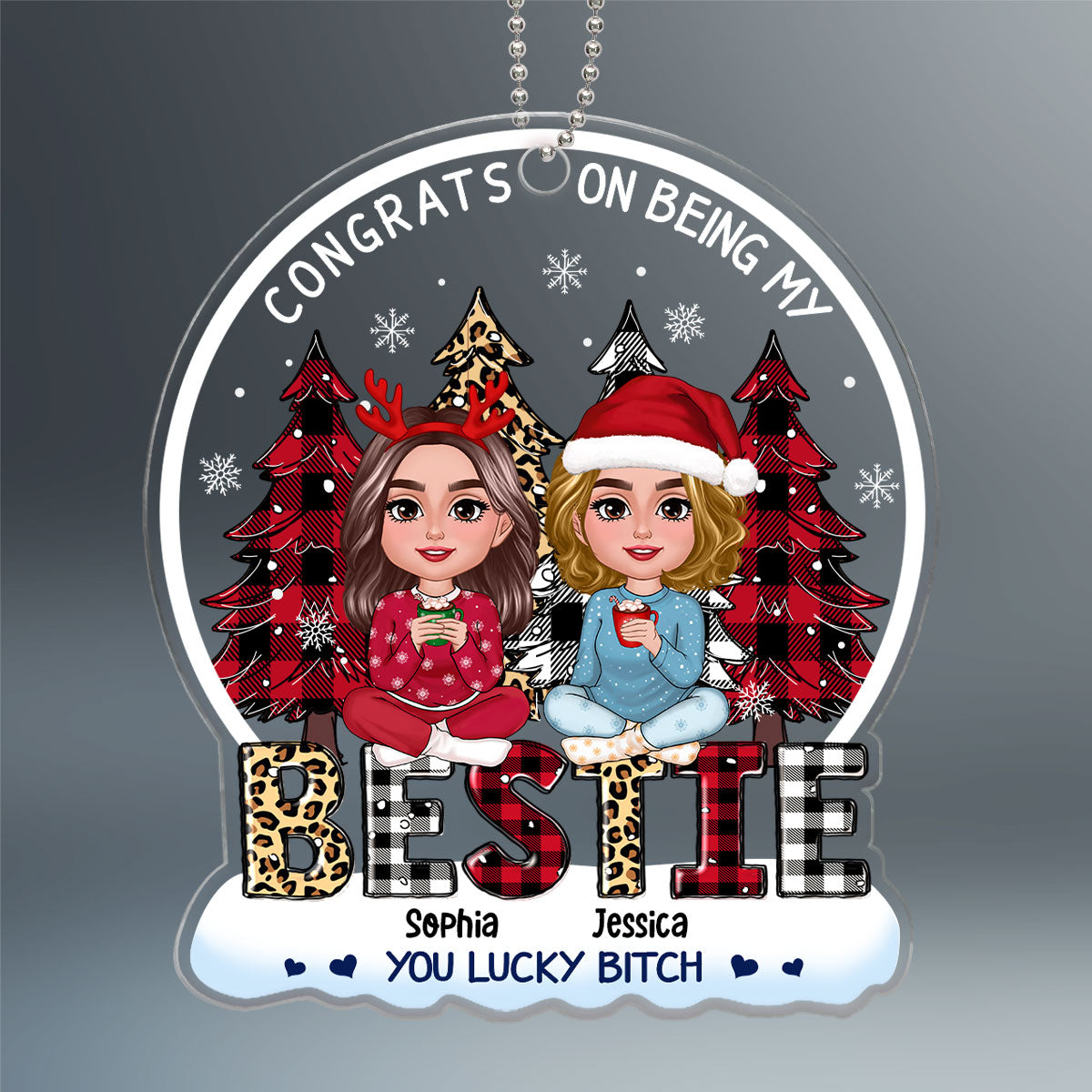 Congrats On Being My Besties Sisters Leopard Checkered Pattern Christmas Tree Personalized Acrylic Ornament