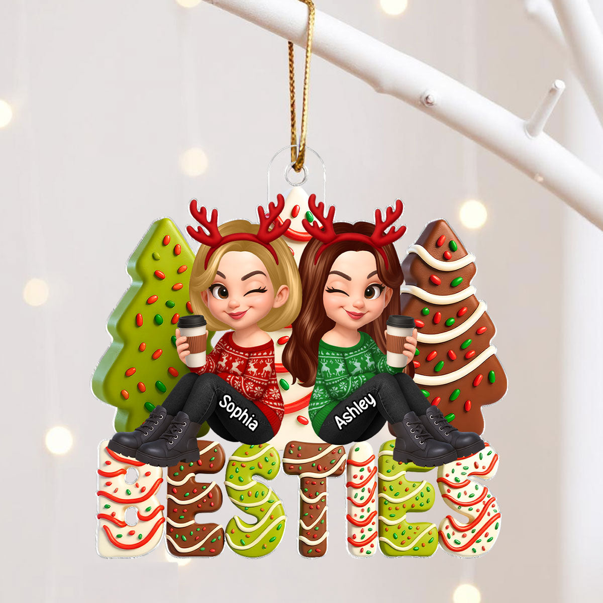 3D Effect Christmas Tree Cake Besties Sisters Personalized Acrylic Ornament, Christmas gift for Besties Sisters