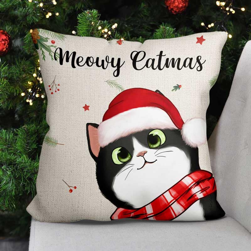 Meowy Catmas Cute Peeking Fluffy Cat Personalized Pillow (Insert Included)