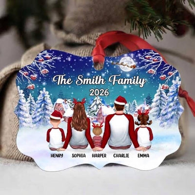 Pajamas Family Sitting In Christmas Night Personalized Christmas Ornament