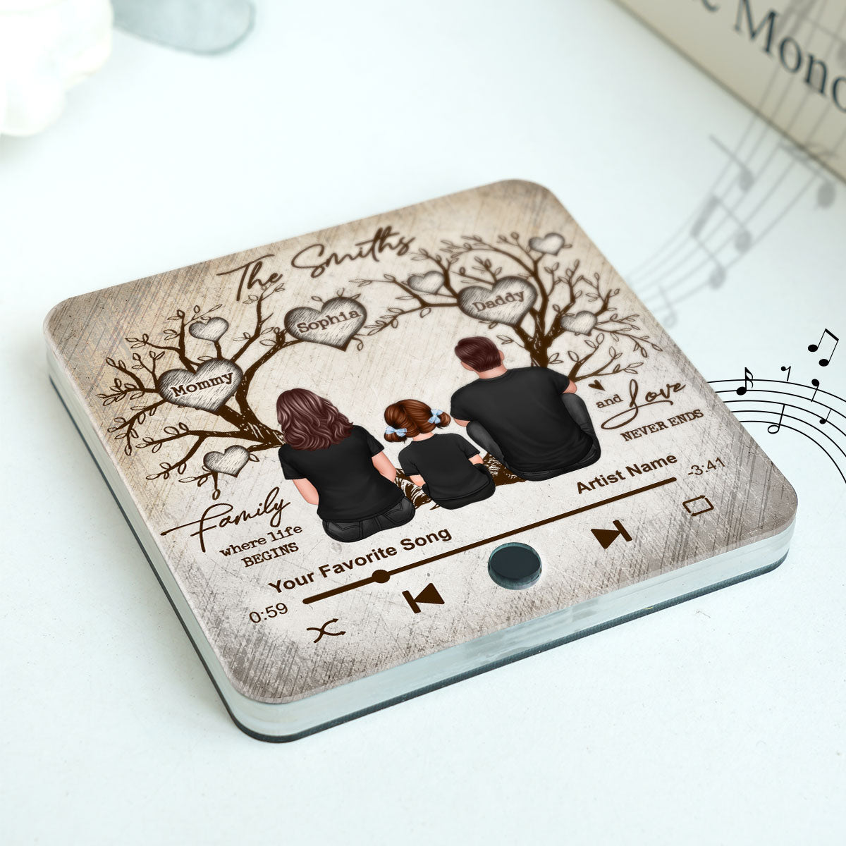 Family Heart Tree Sitting Personalized Music Fridge Magnet, Home Decoration, Anniversary Gift For Family, Gift For Husband, Wife