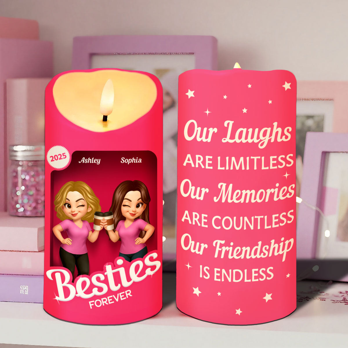 Pink Besties Our Friendship Is Endless Christmas Personalized LED Candle