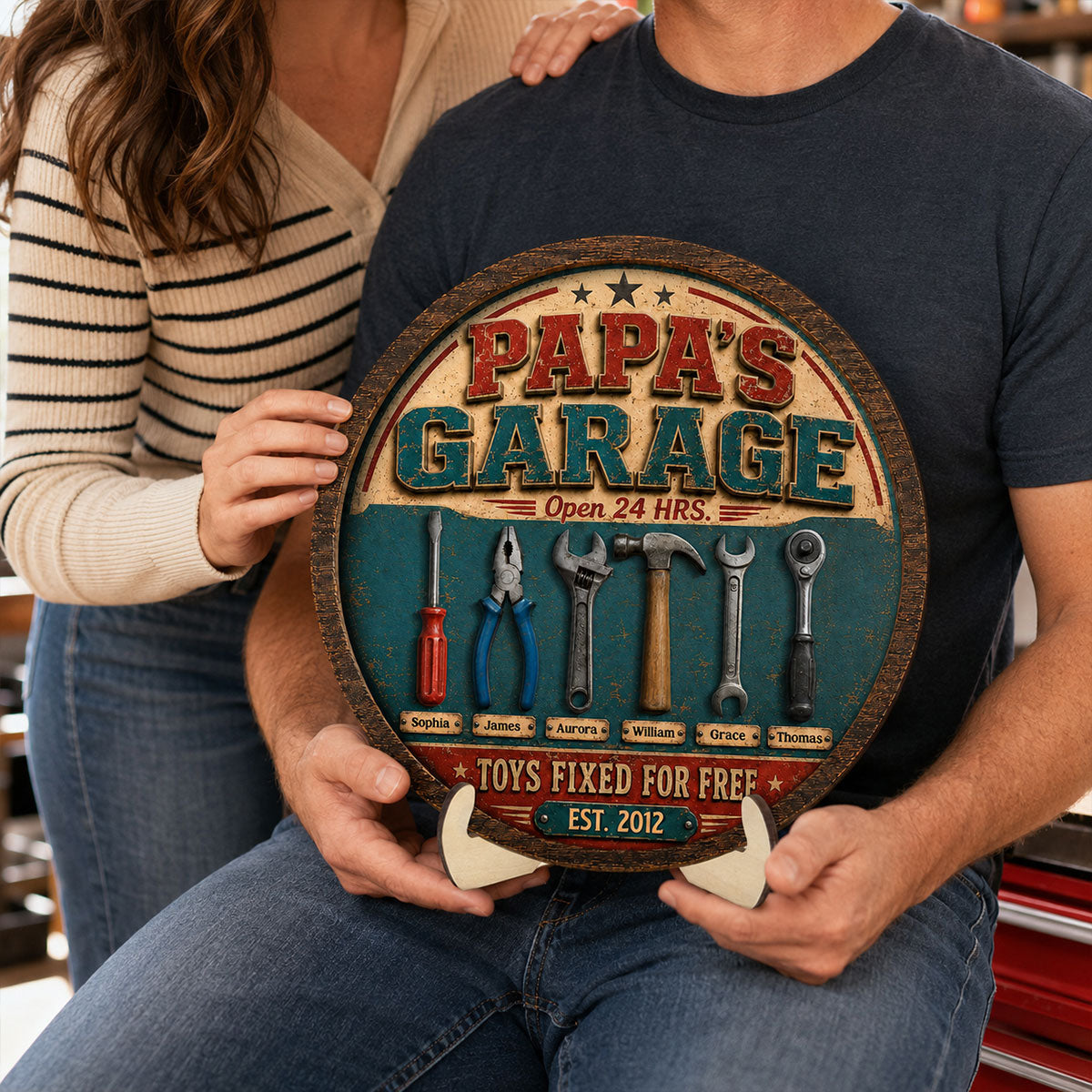 Papa Dad's Garage Toys Fixed For Free Custom Kid Name 2D Flat - Personalized 2-Layered Wooden Plaque - Father's Day Gift For Mechanic Dad, Grandpa