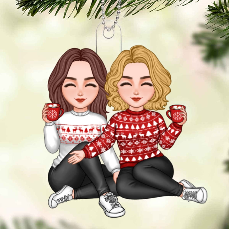 Cute Besties Sisters Sitting Together Christmas Gift For Friends Sisters Personalized Acrylic Ornament
