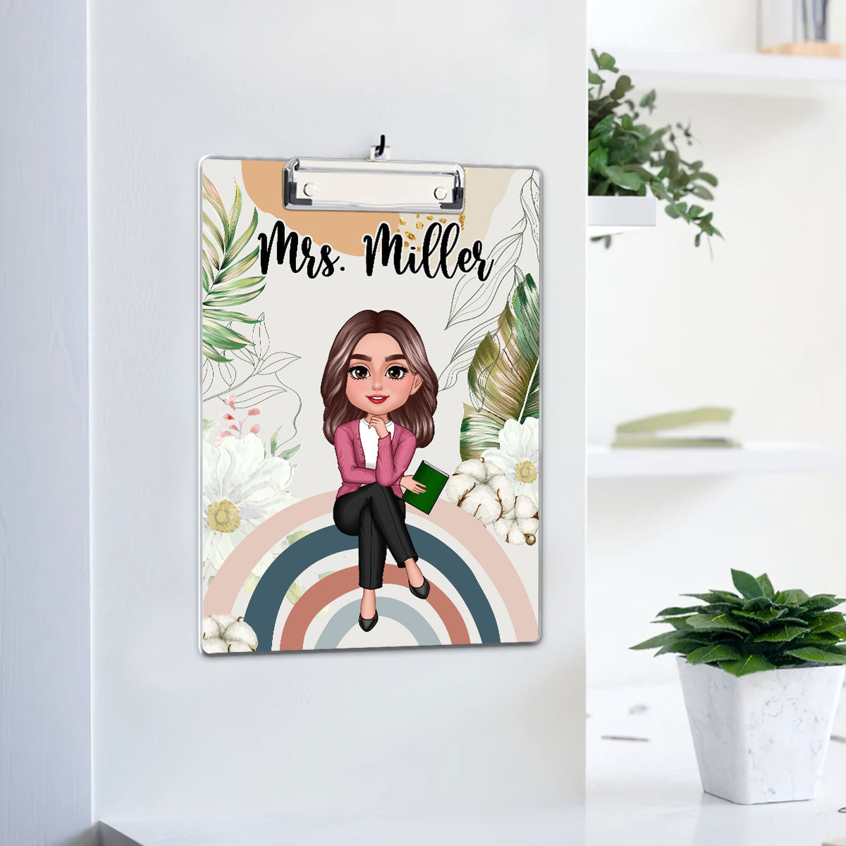 Teacher Sitting On Rainbow Personalized Clipboard, Gift For Teacher, Teacher Appreciation Gift, Back To School Gift