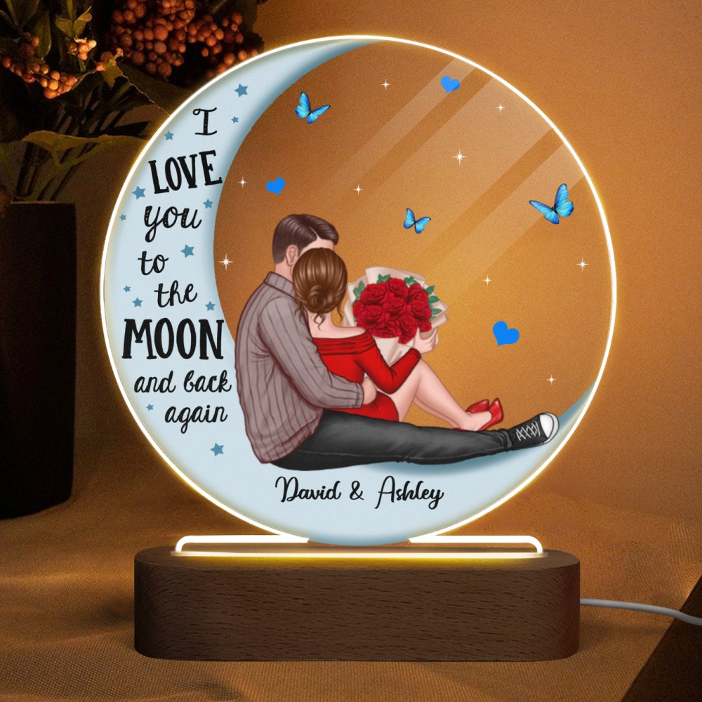 Couple Hugging Blue Moon Personalized Circle Plaque LED Night Light - Acrylic LED Lamp - Valentine‘s Day Gift For Him, Gift For Her