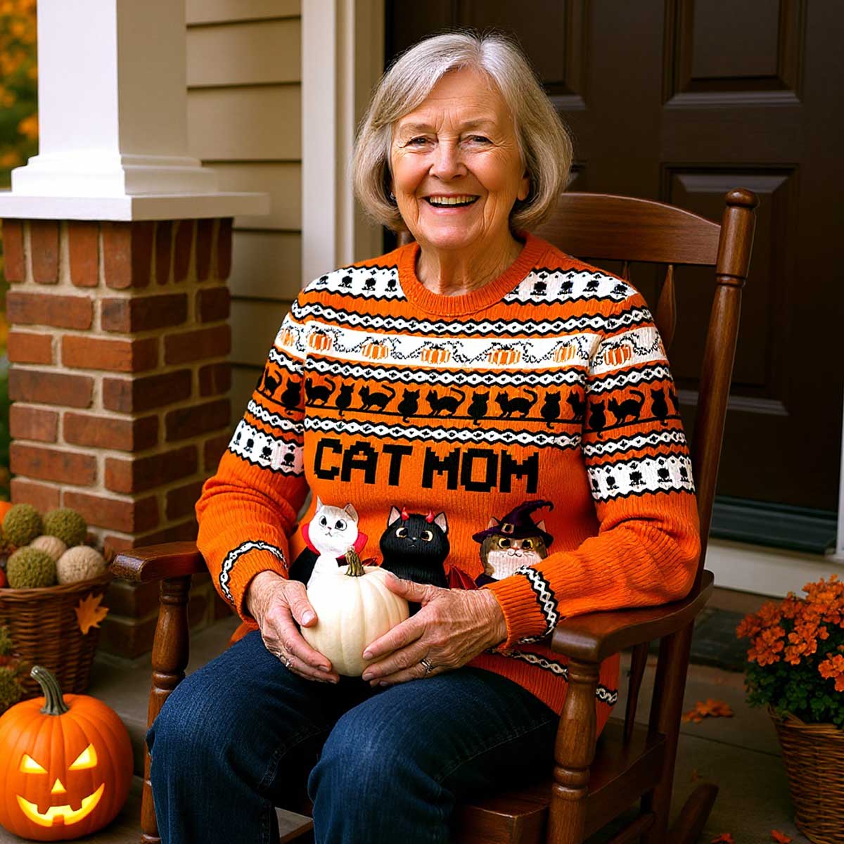 Halloween Fall Cozy Vibe Cat Mom Pattern Personalized Sweatshirt, Unique Gift For Cat Mom