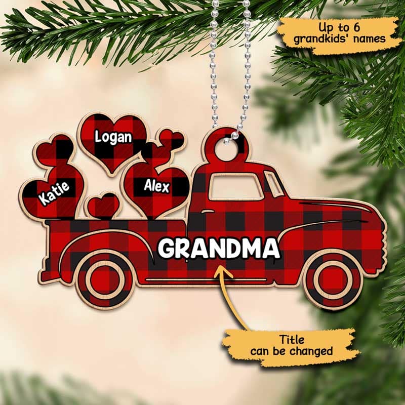 Grandma Red Truck Grandkids Sweetheart Christmas Personalized Wooden Ornament